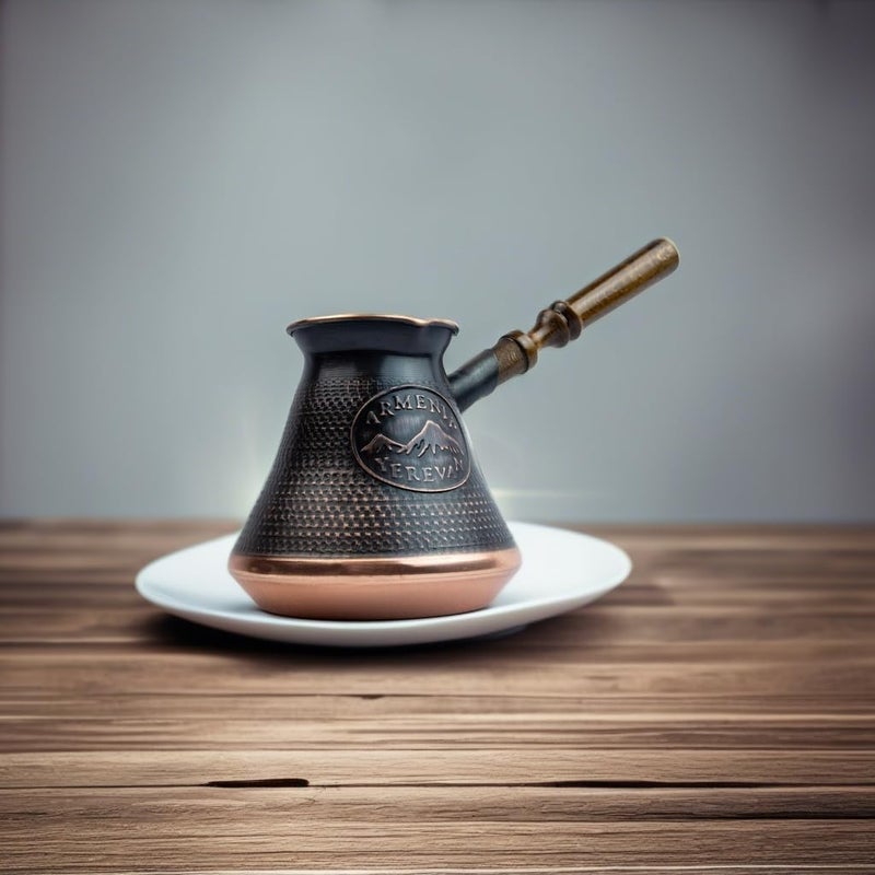 HandCraftoria صانع قهوة أرمني يدوي 15 أونصة سائلة - نحاس جزفا أراوات تركي عربي يوناني جازفي جازفي إبريق تركا جزفي مقبض خشبي (5 أكواب (15 أونصة سائلة أمريكية)) بني - Image 5